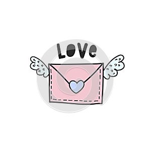 Envelope with a love message with wings. Valentine`s Day. Color vector illustration in doodle style.