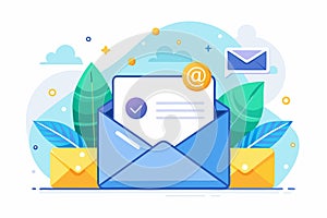 An envelope with a message and confirmation icon surrounded by colorful envelopes and leaves, Email concept, simple illustration photo