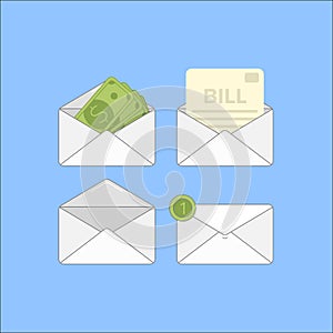 Envelope with money and bills.Flat set of 4 finance mail icon.