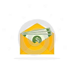 Envelope with money. Open envelope with dollars. Vector illustration in flat style. Sending, receiving, rewarding