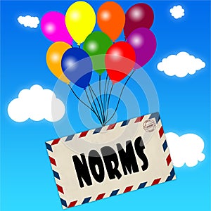 Envelope with NORMS message attached to multicoloured balloons on blue sky and clouds background.