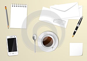 Envelope, paper and coffee