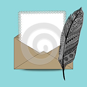 Envelope with paper and feather pen