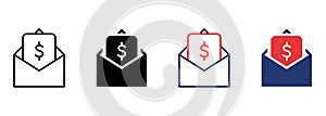 Envelope with Payment Bill Icon. Dollar Bill Pictogram. Financial Reward, Payment and Transfer Icon. Opened Envelope