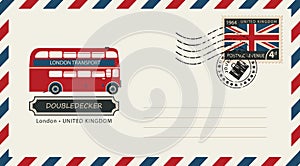 Envelope with postage stamp with doubledecker