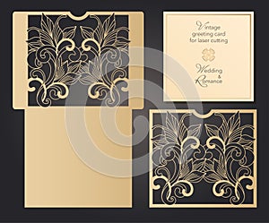 Envelope and postcard, template for laser cutting. Wedding and holiday design. Vector clipart.