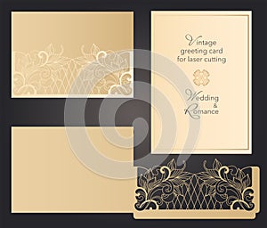 Envelope and postcard, template for laser cutting. Wedding and holiday design. Vector clipart.