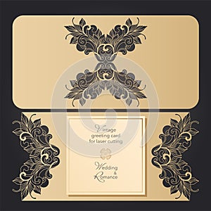 Envelope and postcard, template for laser cutting. Wedding and holiday design. Vector clipart.