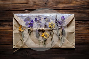 envelope with pressed flowers on the cover, lying on a wooden table