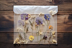 envelope with pressed flowers on the cover, lying on a wooden table