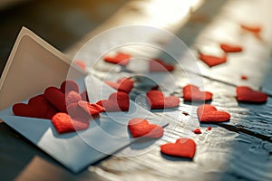 Envelope with red hearts on a wooden background.