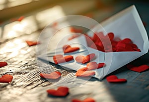 Envelope with red hearts on a wooden background.