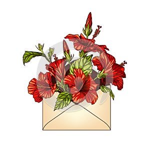 Envelope with red hibiscus flowers