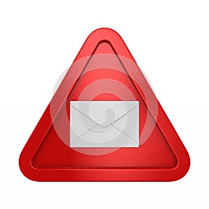 Envelope into red triangle on white background. Isolated 3D illustration