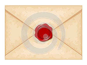 Envelope with red wax seal. Vector illustration.