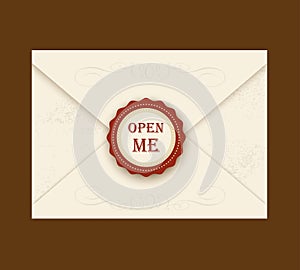 Envelope with rosette seal. Vector illustration. Quote Open me. ideal for invitation envelopes for a wedding or birthday