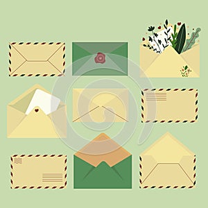 Envelope set, open envelopes, with letters, post card, mail, message, email.