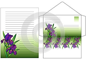 Envelope and a sheet for writing letters colored with flowers Irises. Set to write a letter. Greeting card. Envelope and sheet wit