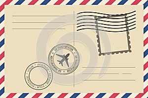 Envelope and stamp. Vintage air mail envelope with postage stamp, postage card. Vector graphic design