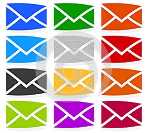 Envelope symbols in 12 colors as contact, support, email icons,