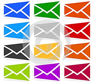 Envelope symbols in 12 colors as contact, support, email icons,