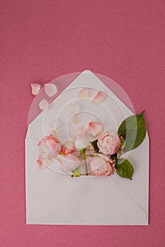 Envelope with tender roses flowers, vintage style. Love letter. Happy Valentine`s day