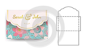 Envelope wedding invitation template with flower pattern.