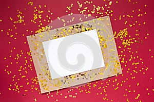Envelope with white sheet of paper for message to loved one with tittle sparkles on red background with place for text Happy
