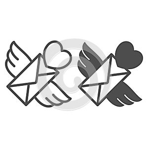 Envelope with wings and heart, love message line and solid icon, dating concept, love letter vector sign on white