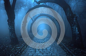 A foggy blue cobblestone path winds beneath arching trees photo