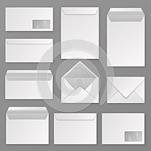 Envelopes. Blank corporate closed and open envelope for a4 letter sheet. Paper postal packages, mail vector isolated