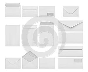 Envelopes collection. Business correspondence letters realistic mockup a4 printing stationery decent vector