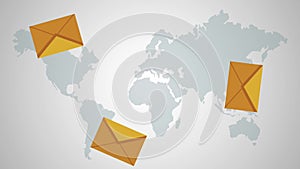 Envelopes falling around world map HD animation