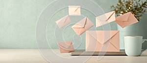 Envelopes float near a device on desk. A mug sits beside it, plants in background. Focus on awareness and cybersecurity photo