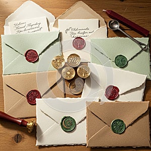 The envelopes have a handmade, textured appearance, adding to