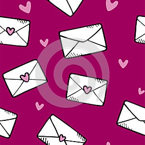 Envelopes and hearts. Love letters symbols seamless pattern. Hand drawn doodles