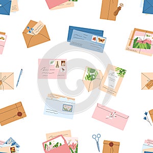 Envelopes and paper letters pattern. Seamless background with postcards, greeting cards, post stamps and seals. Mail and