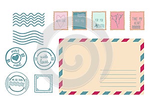 Envelopes, stamps, and stamps. Wedding and Valentine s Day stamp set. Vector Illustration. Love symbols.