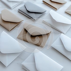 Envelopes of various colors lay flat on a white surface
