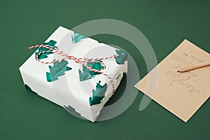 Envelopment and present/ gift box on blue background. Xmas concept, Noel concept