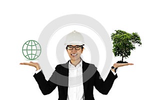 Enviroment concept woman construction hand holding tree and globe icon isolated.