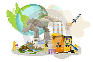 Environment big city pollution, vector illustration. Eco poster, planet garbage and ecological disaster concept. Factory