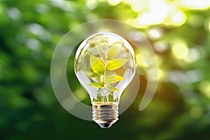 Environment card with light bulb with green leaves on green plante background