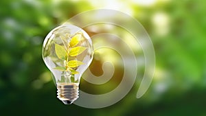 Environment card with light bulb with green leaves on green plante background with copy space
