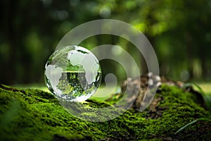 Environment Concept - Crystal Earth On moss In Forest With Ferns And Sunlight - Environment, save clean planet, ecology concept.