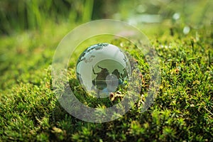 Environment concept, glass globe in the grass