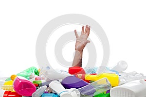 Environment concept with human hand and plastic recipients