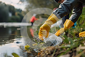 Environment concept - a litter clean-up event with people collecting litter, closeup, summertime, forest