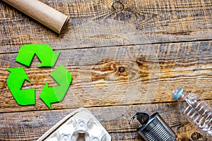 environment concept with recycling symbol on rustic background top view mockup