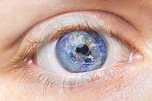 Environment conservation concept. Close up image of woman eye with earth in it. Creative composite of macro Eye with